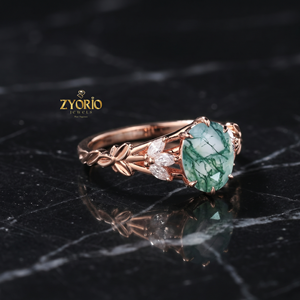 Anillo de Compromiso de Oro de 18K con Ágata Musgosa Ovalada, Anillo de Diamantes con Diseño de Hoja Inspirado en la Naturaleza para Mujer - Product Image 5