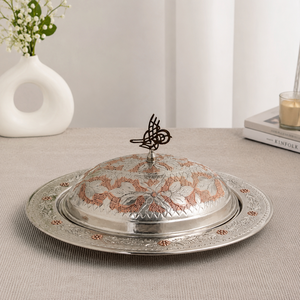 Plat de service artisanal en cuivre et argent allemand avec couvercle en dôme, plateau de service alimentaire de luxe, cloche décorative pour buffet, hôtel - Product Image 3