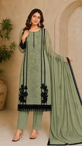 Dhwaja Export - Ensemble semi-couture en organza avec broderies et sequins, style moderne, séchage rapide, tenue traditionnelle pour femme - Product Image 2