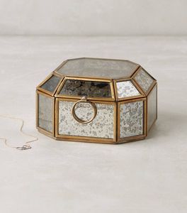 Octagonal Glass Jewelry <b>Box</b> With Gold Metal Frame And Mirrored Interior Display Case For <b>Vanity</b> Desk Storage - Product Image 5