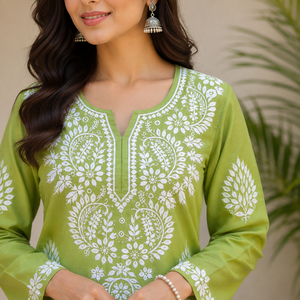 High Demand Lime Green Hand <b>Embroidered</b> Lucknowi Chikankari Straight Kurti - Elegant Cotton Ethnic <b>Tunic</b> - Product Image 2