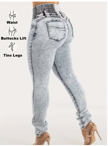 Jeans de Mezclilla Lavados a la Piedra de Cintura Alta y Corte Regular TRIBON SPORTS para Mujer, Estilo Casual de Longitud Completa con Bolsillos Decorativos, Color Azul Claro - Product Image 3