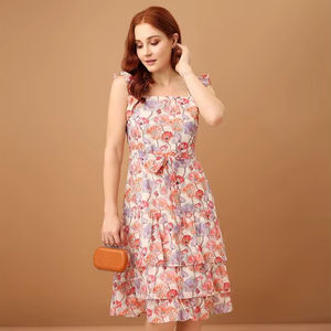 เดรสชีฟองทรงเอไลน์พิมพ์ลายดอกไม้ ดีไซน์หรูหรา คอเหลี่ยม สายคล้องไหล่ สำหรับผู้หญิง ปี 2026 ระบายอากาศได้ดี เหมาะสำหรับฤดูร้อน - Product Image 1