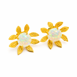 Fashion Sunflower <b>Opal</b> <b>Stud</b> <b>Earrings</b> 925 Sterling Silver Gold Plated Bezel Setting Cabochon Synthetic <b>Opal</b> Wedding Luxury - Product Image 2