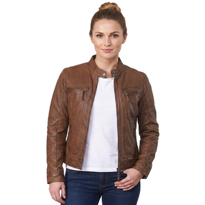 Men's <b>Brown</b> Genuine <b>Leather</b> Moto <b>Jacket</b> Stand Collar Zipper Closure Slim Fit Autumn Wear - Product Image 3