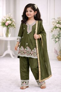 Ensemble Salwar Kameez brodé pour filles avec dupatta, vêtements traditionnels indiens et pakistanais pour enfants, tenue décontractée pour fêtes et hiver, extensible - Product Image 2