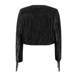 Premium Black Women Fringe <b>Suede</b> <b>Leather</b> <b>Jacket</b> Collarless Open Front Crop Length <b>Jacket</b> Sample And Customization Available - Product Image 3