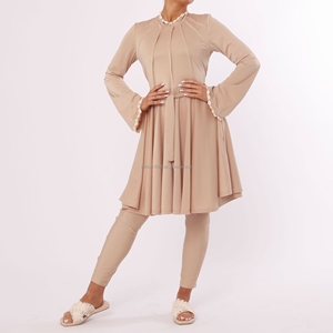 Willson Striped Burkini 2-Piece <b>Set</b> Beige & Tan Quick Dry Spandex/Nylon Fabric Waterproof <b>Plus</b> <b>Size</b> Swimwear with Legging Turban - Product Image 4