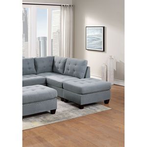 Poltrona da Soggiorno Senza Braccioli in Tessuto Grigio Effetto Lino con Gambe in Legno e Borchie, 1 Pezzo, con Cuscino - Product Image 5