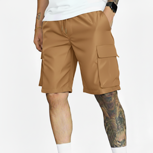 2026 Summer Casual Men's Elastic Basic Solid Breathable Drawstring 100% Cotton Knee Length Washed Cargo Shorts - Product Image 3