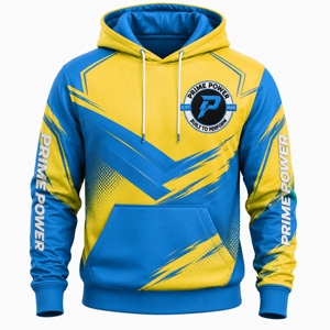 เสื้อฮู้ดผู้ชาย Prime Power สีน้ำเงินเหลือง ลายพิมพ์แบบ Sublimation ดีไซน์สปอร์ต มีกระเป๋าโลโก้ด้านหน้า ผู้ผลิต OEM - Product Image 1