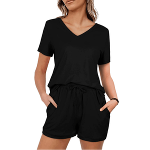 Ensemble deux pièces en tricot gris pour femmes, col en V, manches courtes, coupe ample, shorts décontractés avec poche, couleur unie, vêtements de printemps et d'été - Product Image 5