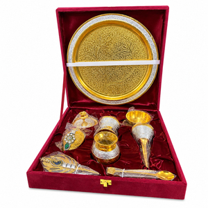 Ensemble de thali pour pooja en laiton pur fait main, bicolore or et argent poli, ensemble Aarti 7 pièces pour la maison, le mandir, Diwali et les mariages - Product Image 6