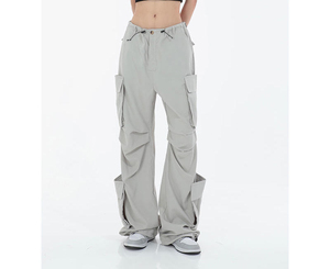 Custom Logo Women's <b>White</b> Contrast Stitch Wide Leg Cargo Pants - Oversized Baggy Casual <b>Trousers</b> with Utility Pocket, Streetwear - Product Image 1