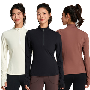 Hauts de sport à manches longues pour femmes de haute qualité, avec fermeture éclair, couleur unie, séchage rapide, pour activités sportives - Product Image 1