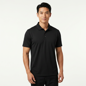 Men's <b>Black</b> Short Sleeve <b>Polo</b> <b>Shirt</b> 100% Cotton Knitted Casual Solid Color Regular Fit Button Design - Product Image 2