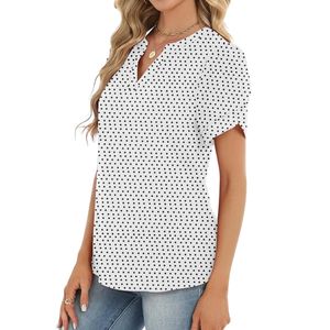 Camisas de chifón para mujer con estampado geométrico moderno, manga corta, plisadas, sin arrugas, ligeras, de poliéster. - Product Image 3