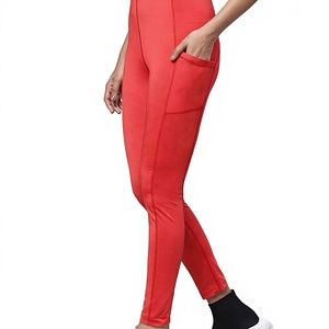 Leggings de sport pour femme, taille haute, sans couture, rouge, longueur intégrale, extensibles, respirants, en Spandex et Nylon tricoté, couleur unie - Product Image 4