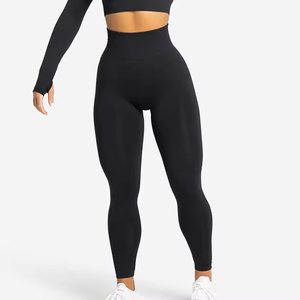 Leggings de yoga taille haute longueur intégrale, noirs unis, sans coutures, extensibles, pour femme, tenue de sport et de gym - Product Image 3