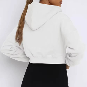<b>Cropped</b> Women Hoodies Drop Shoulder White Color High Quality 100% Cotton Kangaroo Pocket Fashionable Street Wear <b>Zip</b> <b>up</b> Hoodies - Product Image 2