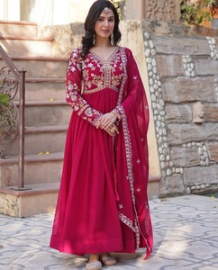 Robes Anarkali traditionnelles indiennes exclusives en tissu Faux Blooming avec broderie de sequins et bordure en dentelle de créateur - Product Image 1