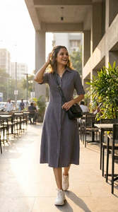 Robe chemise midi décontractée en lin et coton, col à revers, manches 3/4, couleur unie, respirante, coupe ample, pour l'été et le quotidien - Product Image 2
