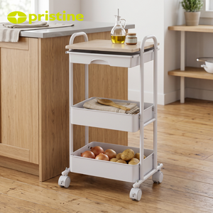 Three-Layer Plastic Rolling Storage Cart With Wooden Top Minimalist Design For Office Neatening And Organization - Product Image 5