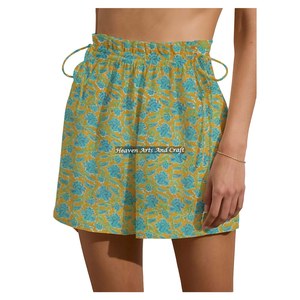 Shorts de Verano para Mujer con Cordón Ajustable y Estampado Indigo, Pantalones Cortos de Playa para Chicas con Estampado de Bloques de Algodón - Product Image 5