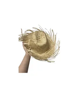 Fabrika ucuz fiyat el dokuma renkli kadın batı geniş palmiye yaprak yaz şapka için özel logo ile düğün parti şapka hediye seti