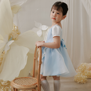 Col carré 100% Broderie à la main Multi Couleur Princesse Taffetas Bébé Robe Vente en gros Princesse Conception Genou Longueur-Sabina - Product Image 5