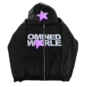 Sudadera con capucha y cremallera Omined World Star Print para hombre, estilo oversize, de forro polar, streetwear, negra con logo morado frontal - Product Image 1