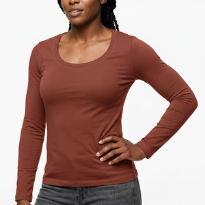 Women's Lounge Scoop Neck Long Sleeve <b>Top</b> Soft Cotton Relaxed Slim Fit Plain Fabric Custom OEM Bulk Wholesale Manufacturer - Product Image 1