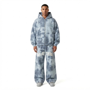 Men Light Blue Gray <b>Tie</b> <b>Dye</b> Hoodie Pants <b>Set</b> Zip Up Hooded Sweatshirt Wide Leg Pants Two Piece Tracksuit - Product Image 1