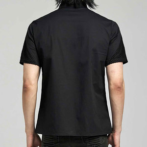 <b>Men's</b> Gothic Black Short Sleeve Shirt Top with Mesh Spliced Pockets, Buttons, and Safety Pin Rivets Decoration - Product Image 3