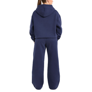 Pantalones de chándal de algodón para mujer, de pierna ancha, de cintura media, holgados, largos, color azul marino liso, informales, para otoño - Product Image 3