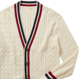 Cardigan en tricot pour femme, rouge, style preppy contrastant, manches longues, col en V, poches, broderie, pour l'hiver - Product Image 2