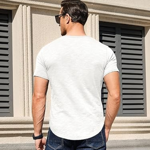 T-shirt décontracté pour hommes, col Henley, coupe classique, manches courtes, en mélange de coton lavé 200 grammes, couleur unie, avec boutons et col en V, vente en gros - Product Image 5