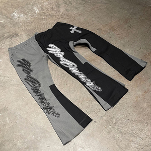 Pantalon vintage personnalisé pour homme, décontracté, à jambe large, orné de strass, avec design évasé et effet usé, en tissu molletonné type jogger - Product Image 1