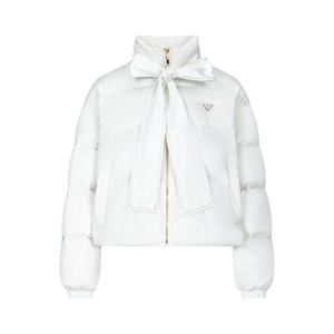 Women's Short <b>Quilted</b> <b>Jacket</b> With Bow Collar Full Sleeve Zipper Closure Winter Warm Coat Solid Color Puff Sleeve Design - Product Image 4