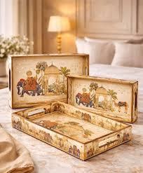 Oriental wooden custom print <b>set</b> of 3 Storage Tray Rectangle Lacquered Finish Single Tier Table Use Drink Food <b>Serving</b> - Product Image 2