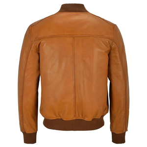 Blouson aviateur en cuir véritable marron pour homme, col rabattu, fermeture éclair, vêtement décontracté pour l'automne - Product Image 6