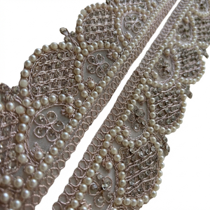 Rose Gold Scalloped Pearl Lace Trim Embroidered Beaded Mesh Ribbon <b>for</b> Bridal <b>Wedding</b> Dress Luxury Garment Border Wholesale - Product Image 1