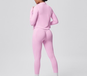 Conjunto Deportivo de Mujer Blanco de Manga Larga, Transpirable, Ligero, de Color Sólido, con Cuello Redondo y Cierre de Cremallera, Ajustado, para Primavera - Product Image 5