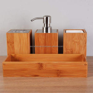 Distributeur de savon en bois, porte-brosse à dents, boîte de rangement et plateau en bois, ensemble de 4 accessoires de salle de bain en bois - Product Image 4