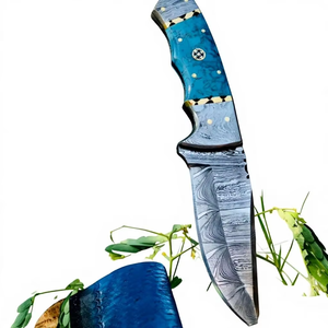 Cuchillo de caza hecho a mano de acero al carbono con hoja fija, borde parcialmente serrado, ligero y duradero, mango de resina con púas de mosaico, para camping - Product Image 5
