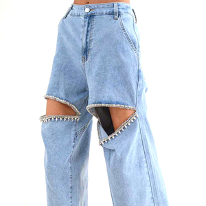 Jeans de Mujer Talla Grande, Cintura Alta, Pierna Ancha, Rotos, Color Azul Claro, Algodón Desgastado, Estilo Casual, Corte Holgado, Estilo Primavera - Product Image 3