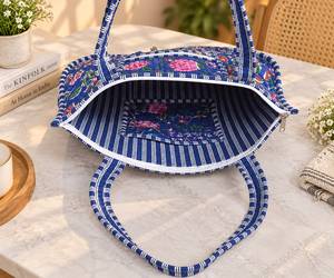 Le Souvenirs Vintage Fashion Bohemian Printed <b>Canvas</b> Tote Bag <b>Blue</b> Floral Pattern Zipper Closure Women's 18" Lightweight High - Product Image 2