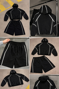 Custom <b>Men's</b> <b>Summer</b> Reflective Woven Tracksuit Hooded Windbreaker <b>Jacket</b> Shorts Set - Product Image 5