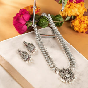Silver Lookalike Temple <b>Necklace</b> <b>and</b> <b>Earring</b> <b>Set</b> for <b>Bridal</b> or Gift - Product Image 3