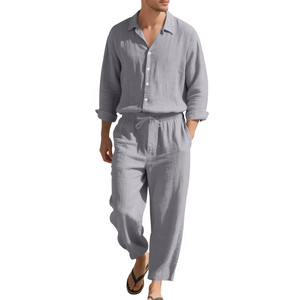 Ensemble chemise et pantalon décontracté en lin pour homme 2026, coupe ample, protection solaire, manches longues, couleur unie - Product Image 3